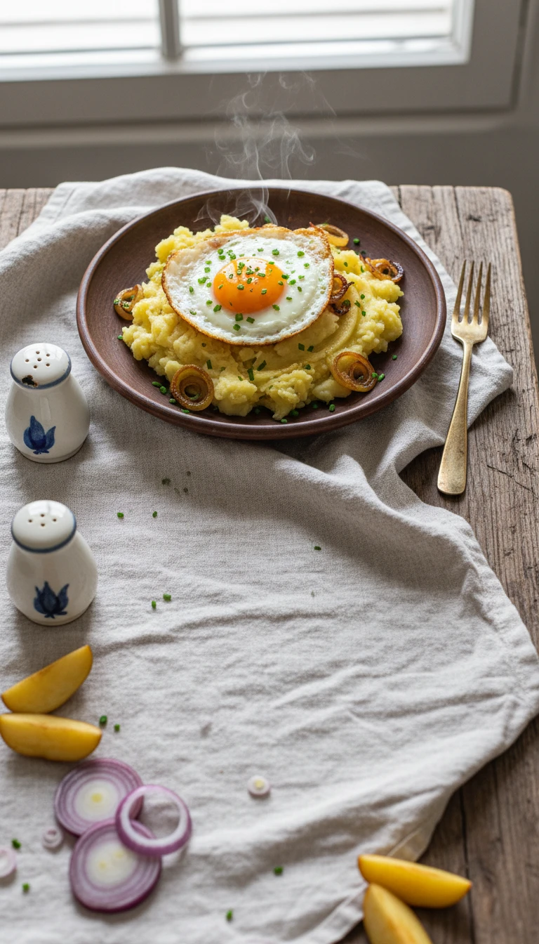 Purée de pommes de terre avec œuf au plat et oignons