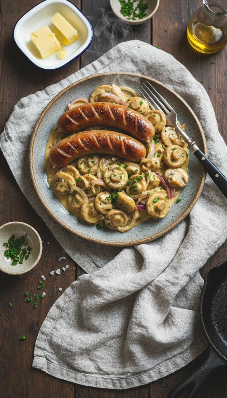 Keto Bratwurst Breakfast with Creamy Mushrooms