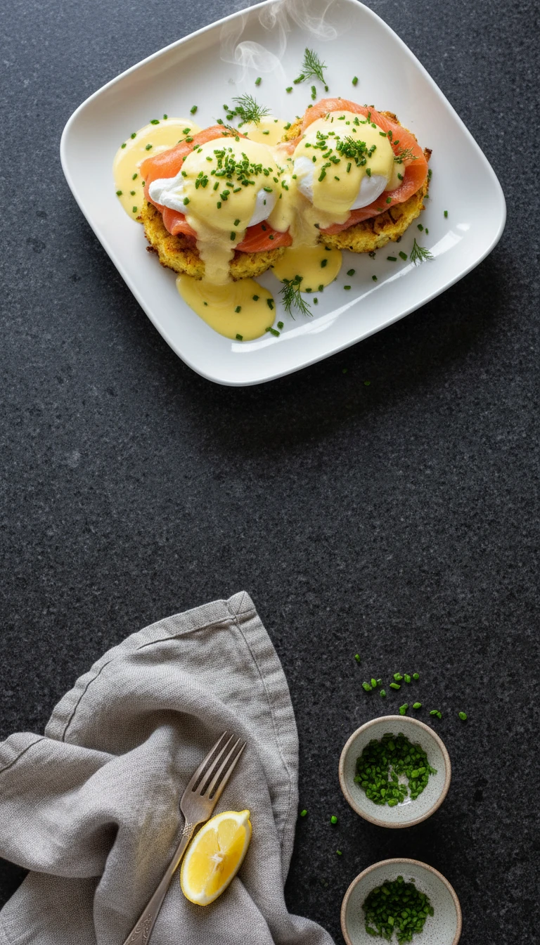 Keto Eggs Benedict on Smoked Salmon with Cauliflower “Muffin”