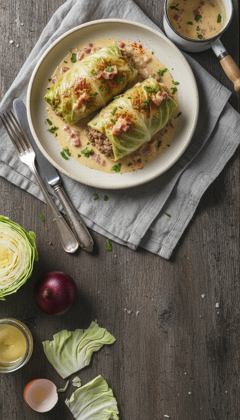 Keto Cabbage Rolls with Minced Meat in Bacon Cream Sauce