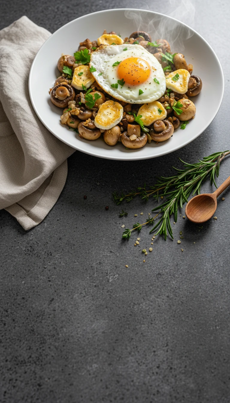 Poêlée de champignons aux herbes céto avec fromage de chèvre et œuf au plat