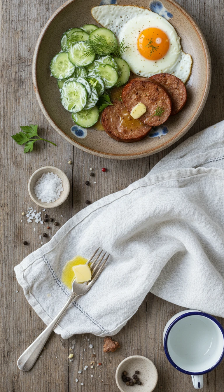 Keto Leberkäse avec œuf au plat et salade de concombre