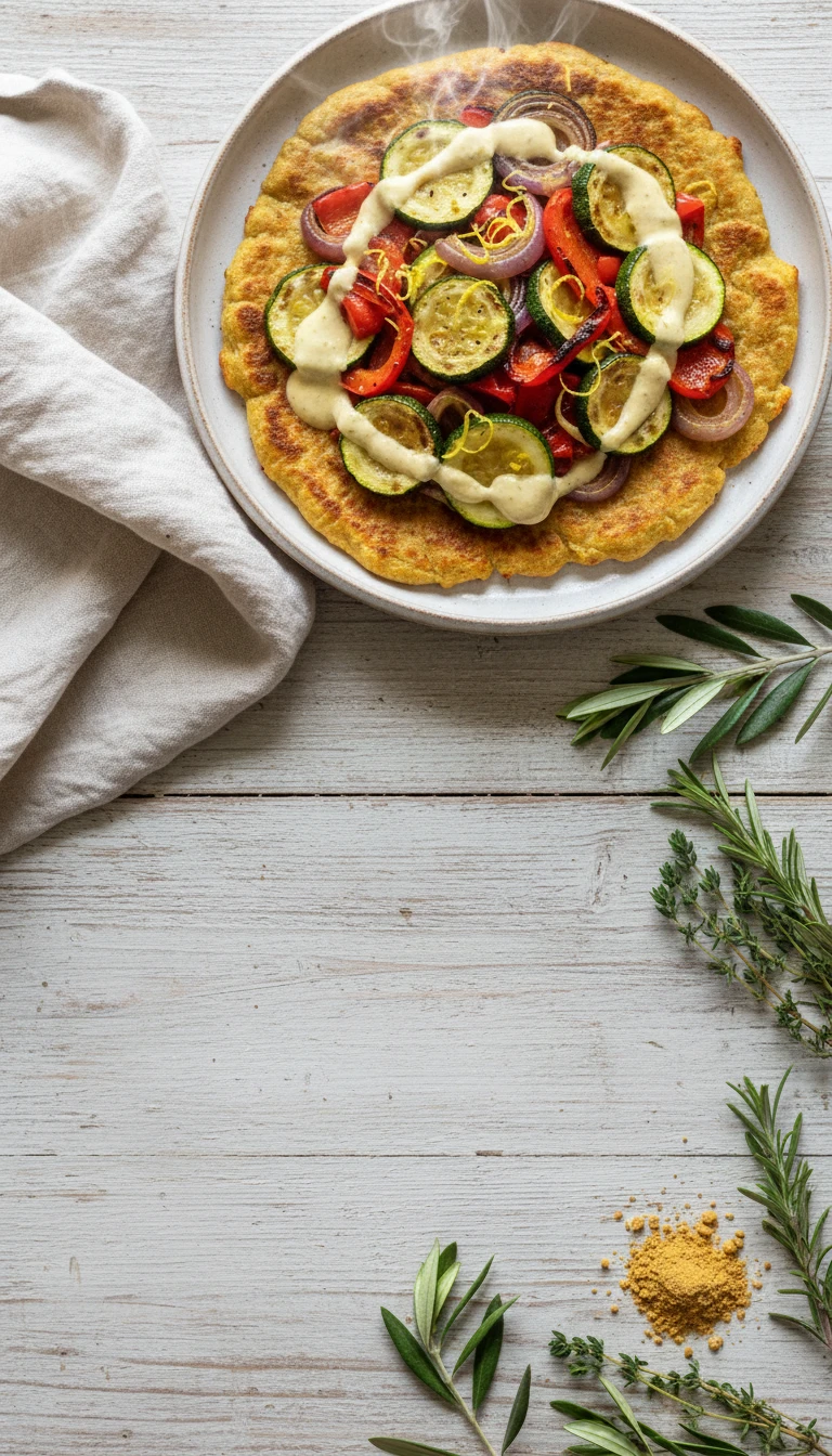 Socca de pois chiches avec légumes rôtis et tahini au citron