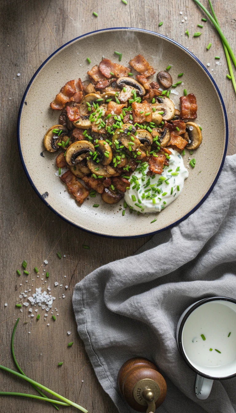 Knusprige Speck-Champignon-Pfanne mit Kräuter-Schmand