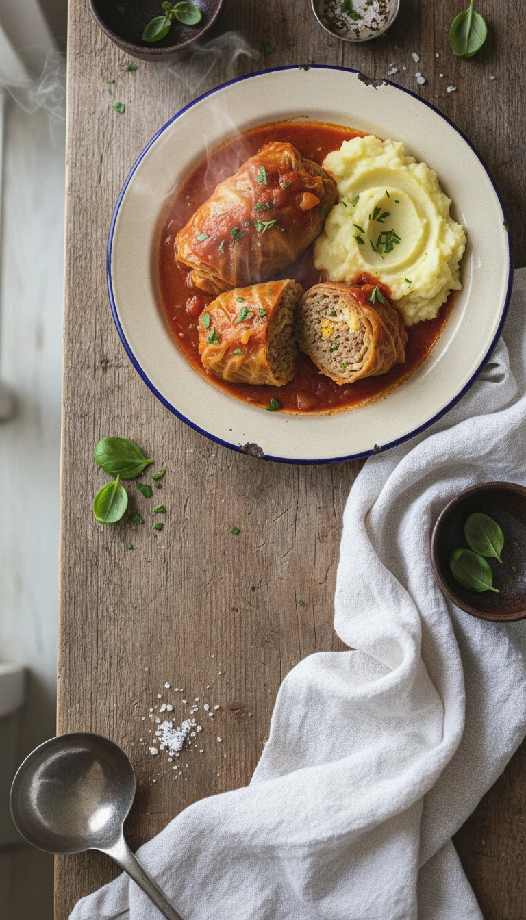 Cabbage Rolls in Tomato Sauce with Mashed Potatoes