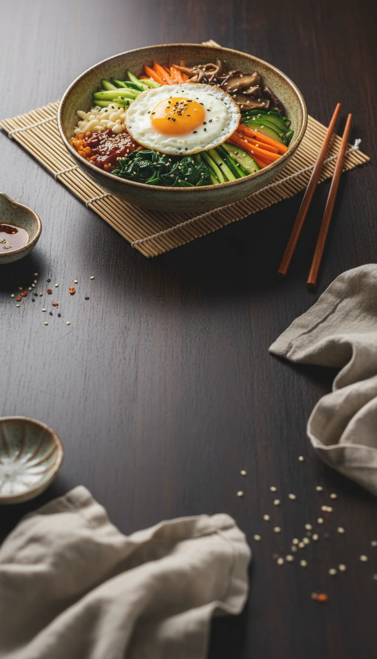 Korean Bibimbap Bowl with Spinach, Carrot, Shiitake and Fried Egg
