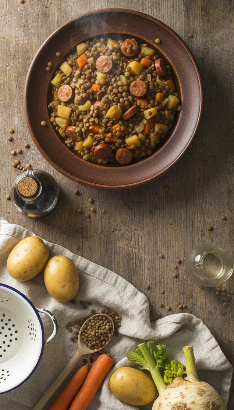 Potée de lentilles avec saucisses et vinaigre