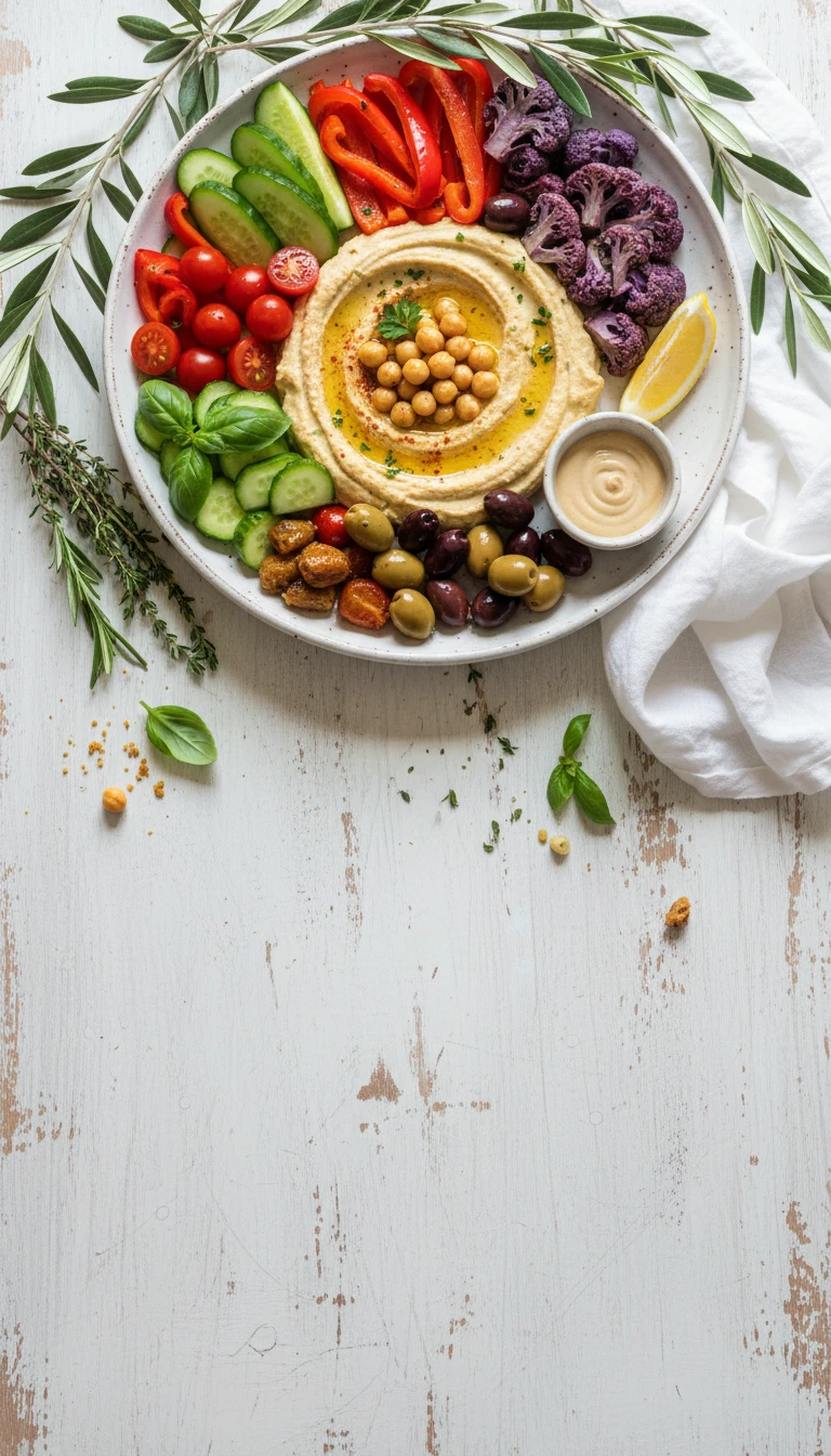 Tableau de légumes au houmous méditerranéen avec olives
