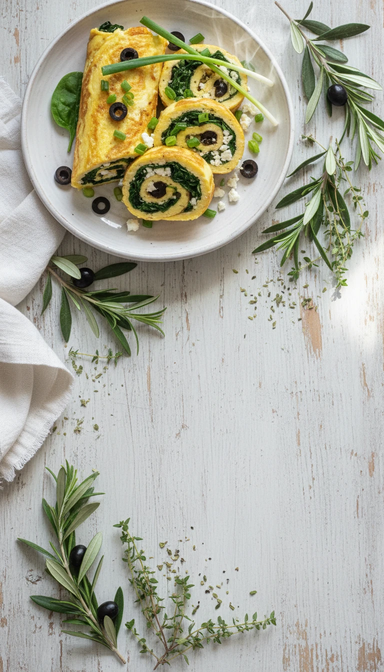Roulé d'omelette Méditerranéen aux épinards et feta avec olives