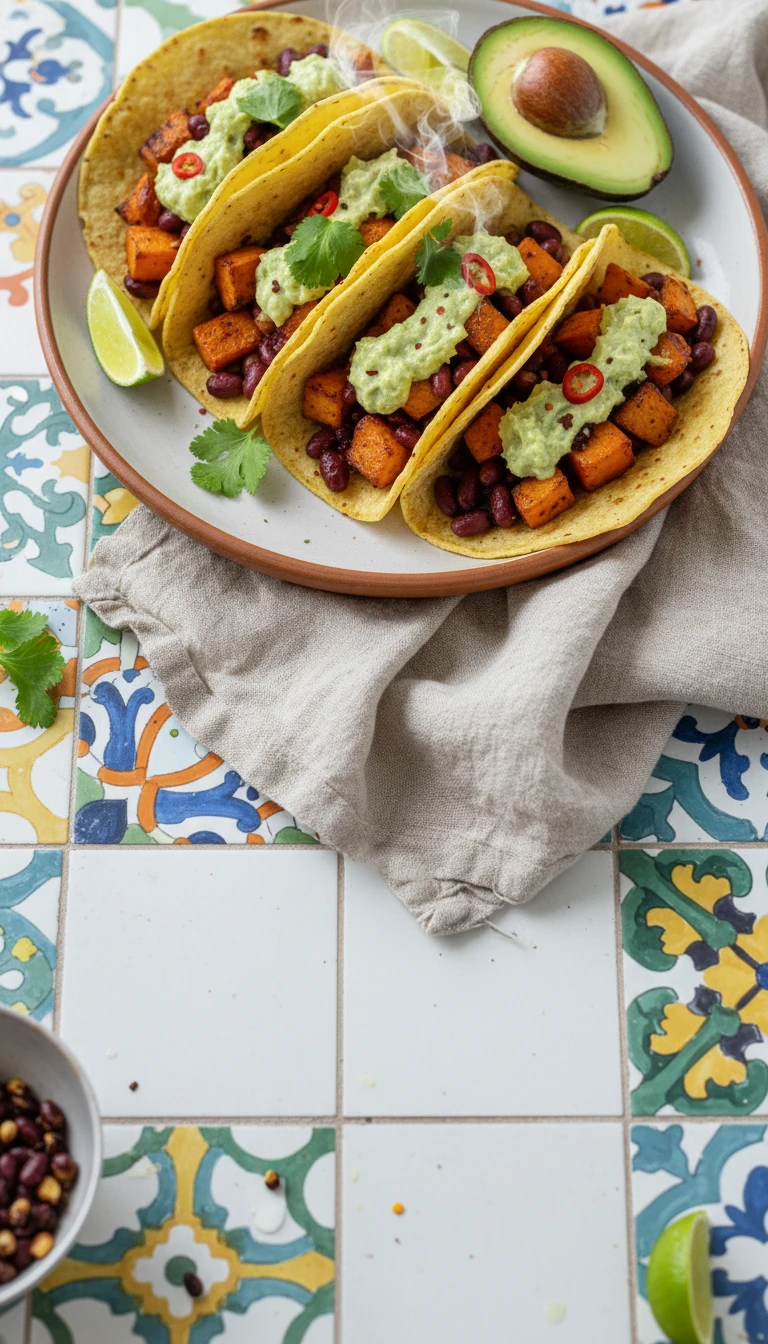 Tacos de patate douce mexicains avec crema à l'avocat et au citron vert