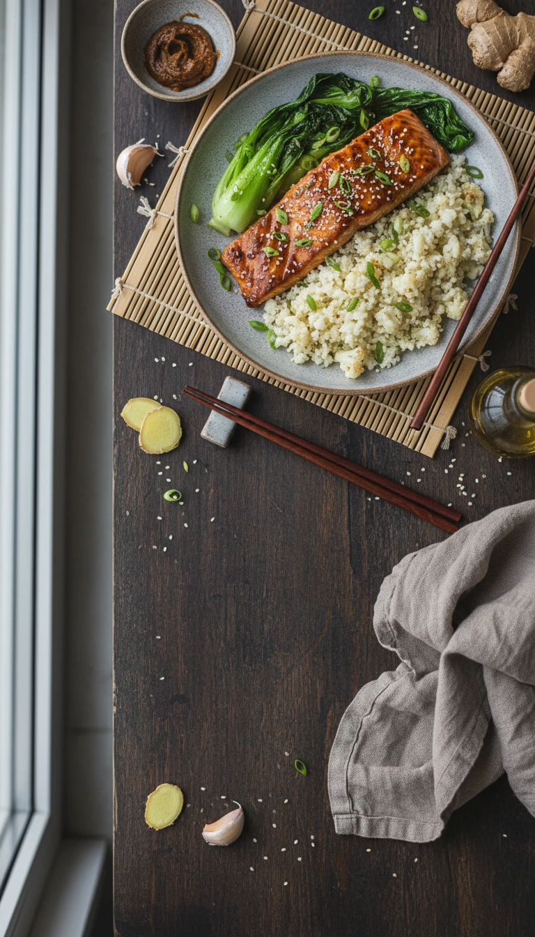 Miso-Lachs mit Pak Choi und Blumenkohlreis