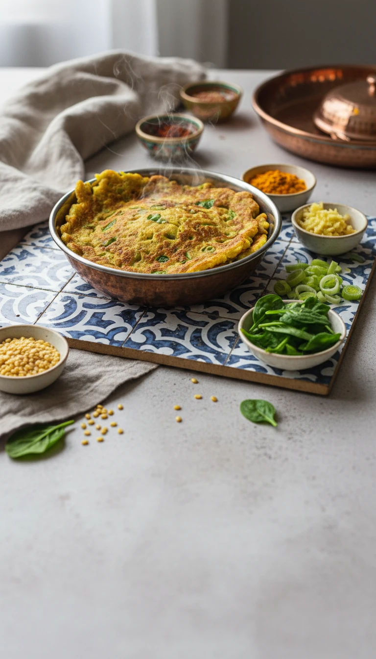 Chilla de Dal de Mung avec Poireau et Épinards