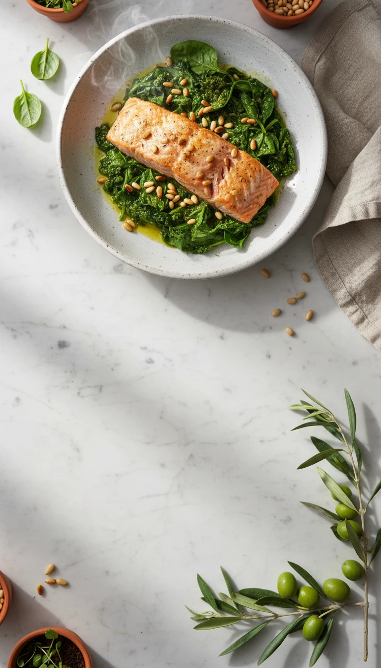 Oven-Baked Salmon with Pesto Spinach and Toasted Pine Nuts