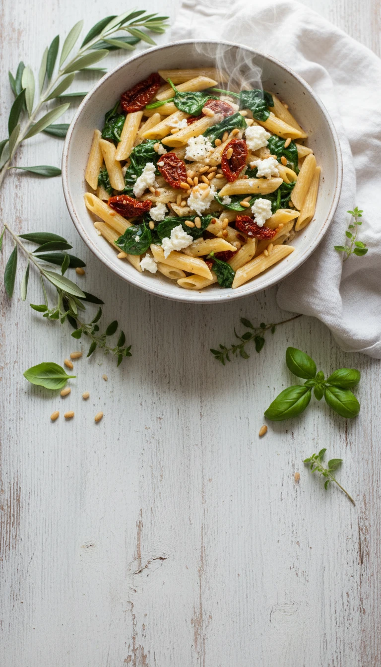 Pasta with Spinach, Sun-Dried Tomatoes and Goat Cheese