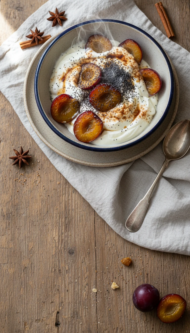 Quark “gâteau au fromage” bol avec pavot et prunes