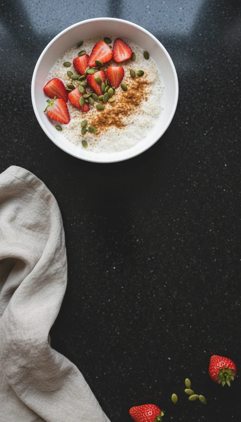 Bol de petit-déjeuner au quinoa avec du lait protéiné et des fraises