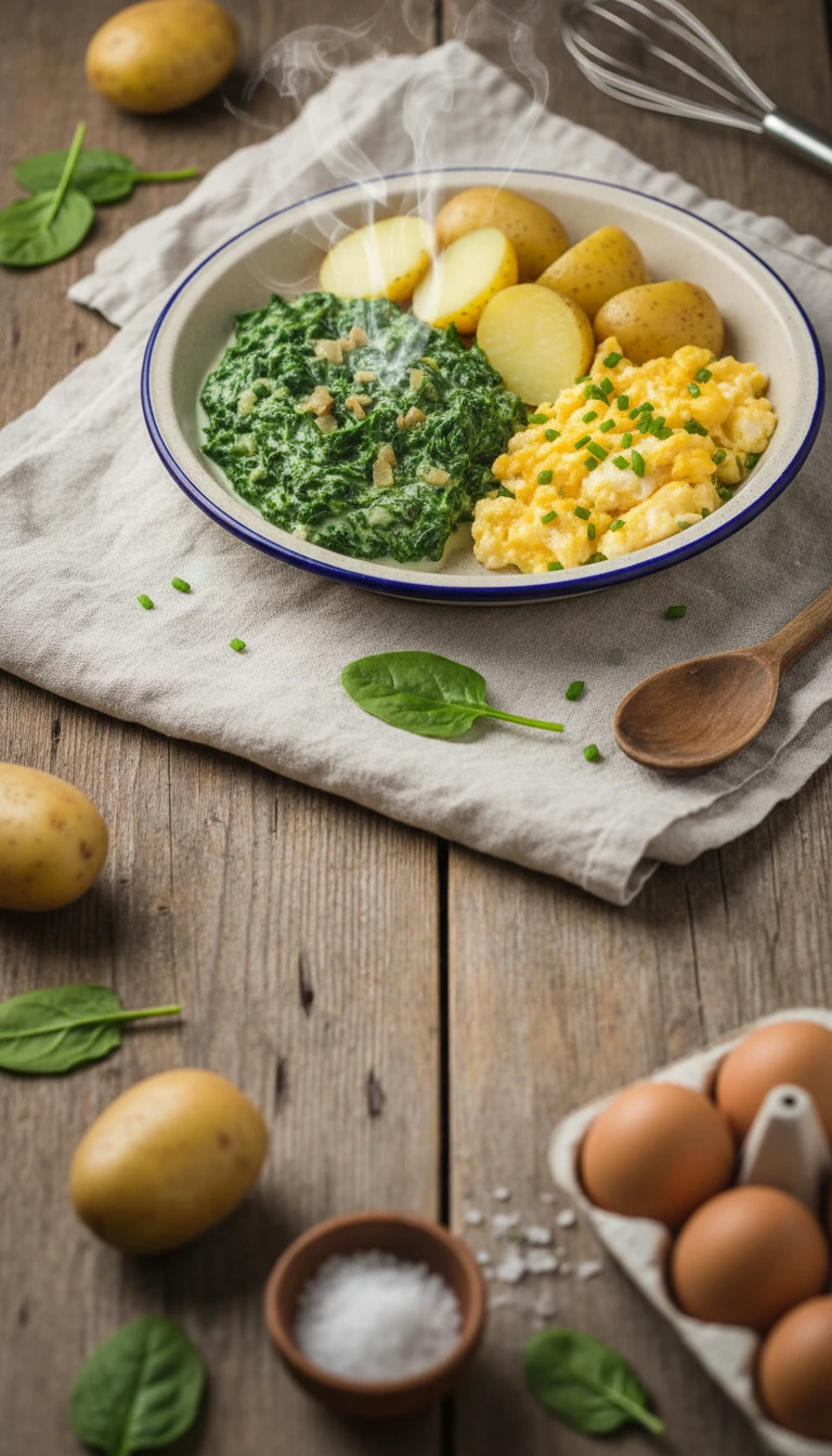 Épinards à la crème avec pommes de terre bouillies et œufs brouillés