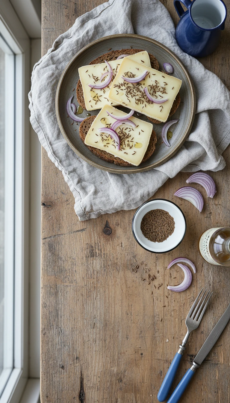 Pain de seigle avec fromage à la main et cumin