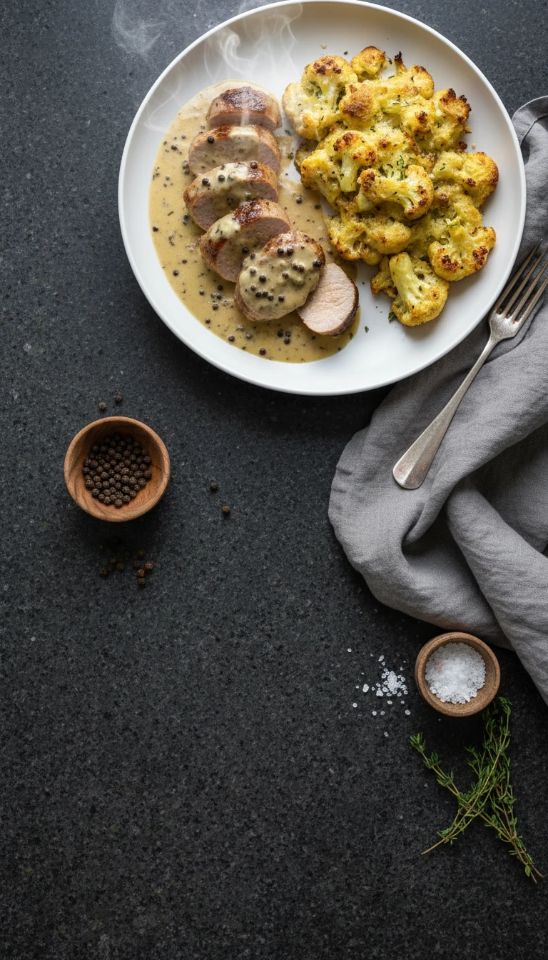 Filet de porc en sauce crémeuse au poivre avec gratin de chou-fleur