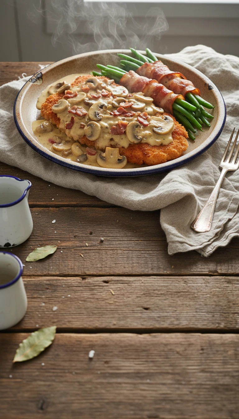 Schweineschnitzel in Rahmchampignon-Sauce mit Speckbohnen