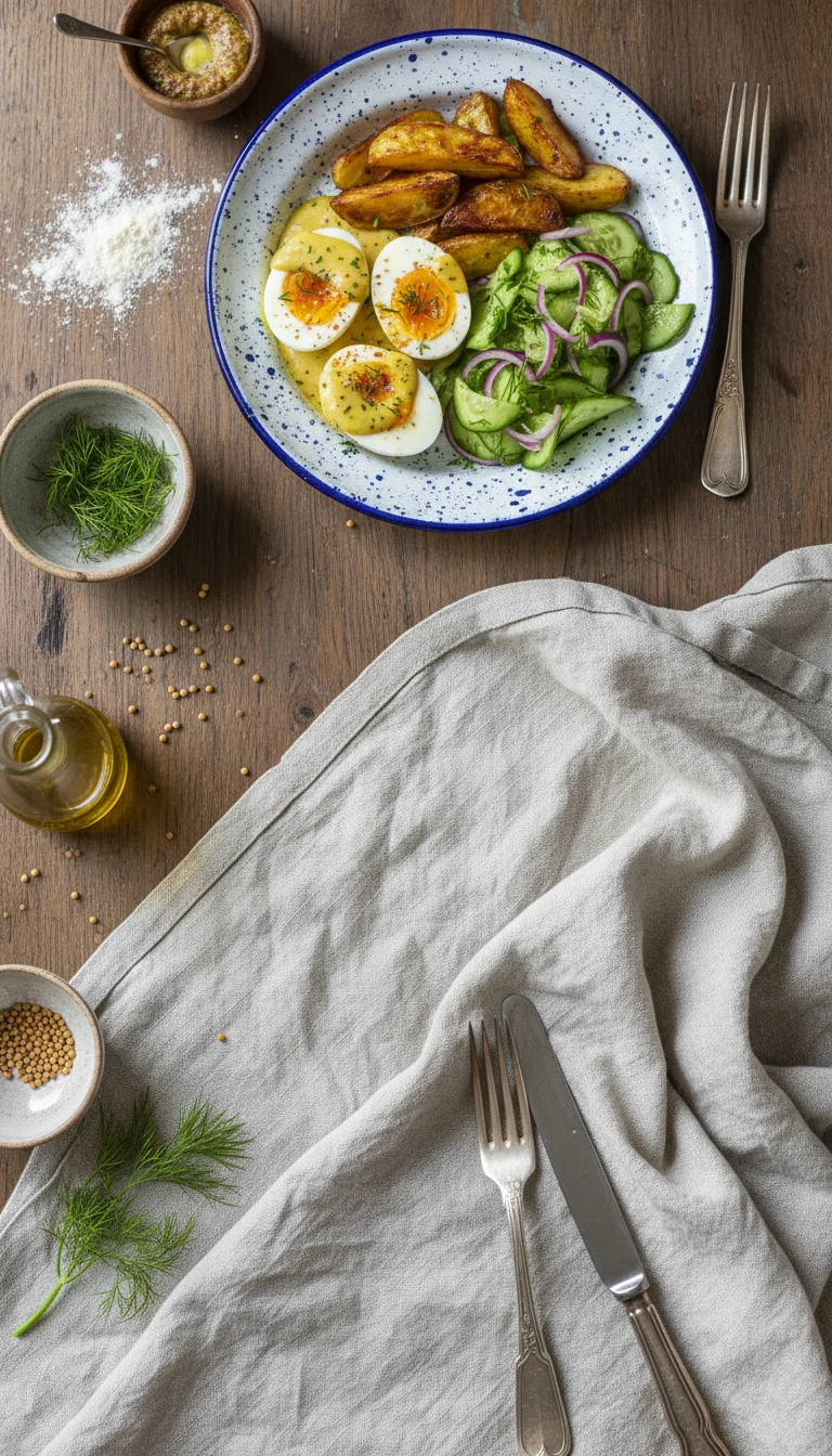 Mustard Eggs with Potatoes and Cucumber Salad