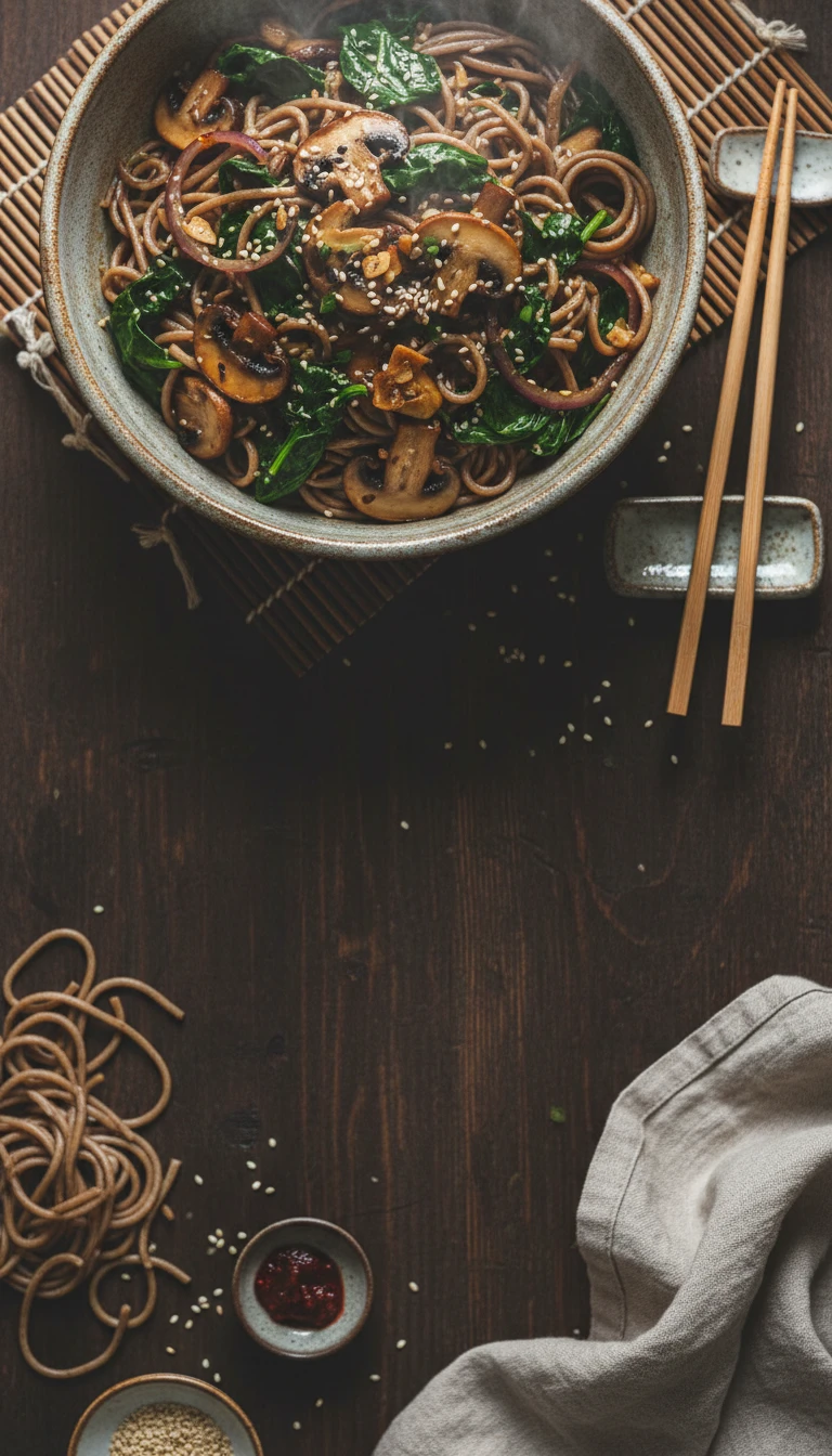 Soba aux champignons et épinards dans une sauce sésame-soja