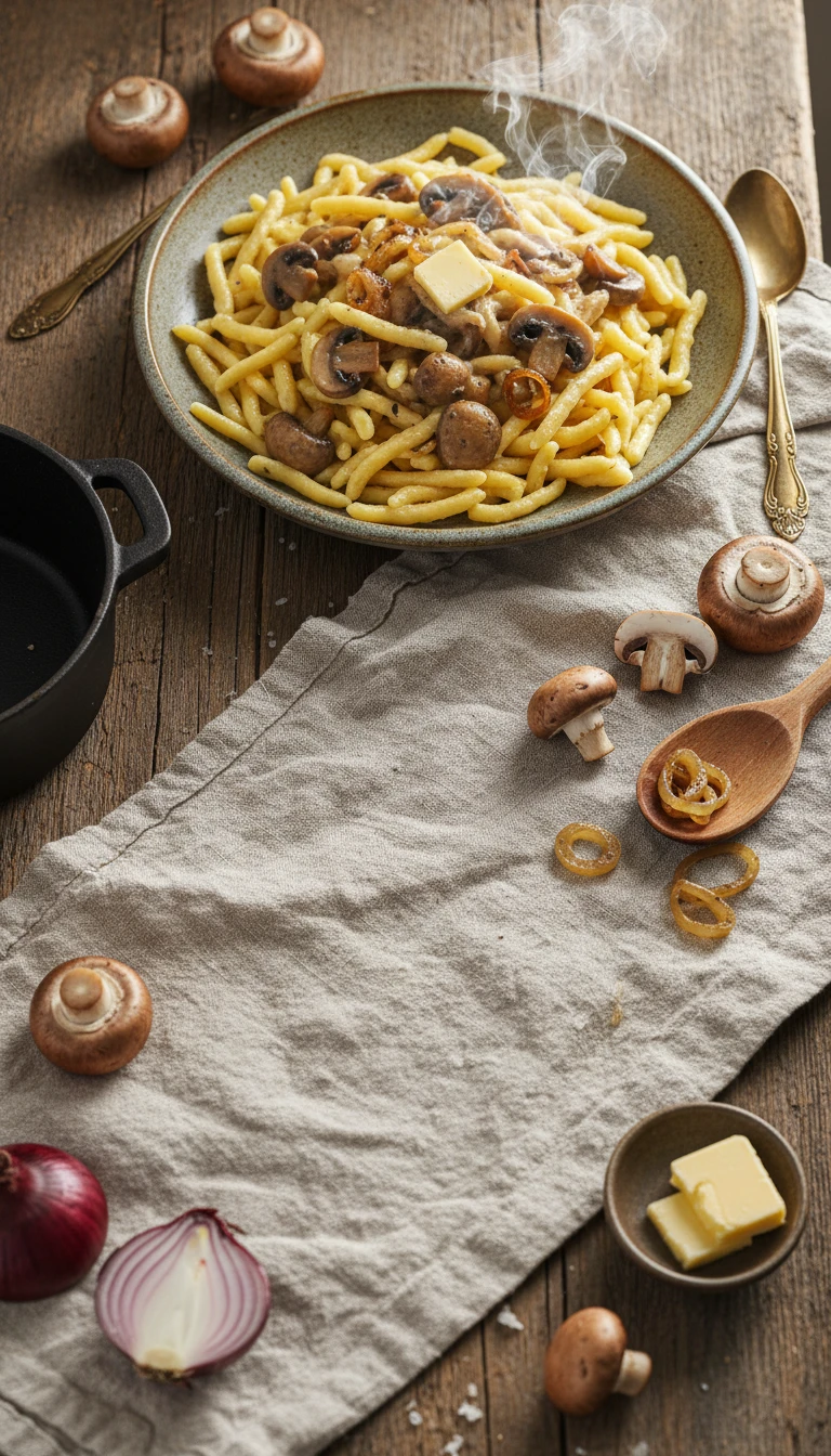 Spätzle aux champignons à la crème et oignons