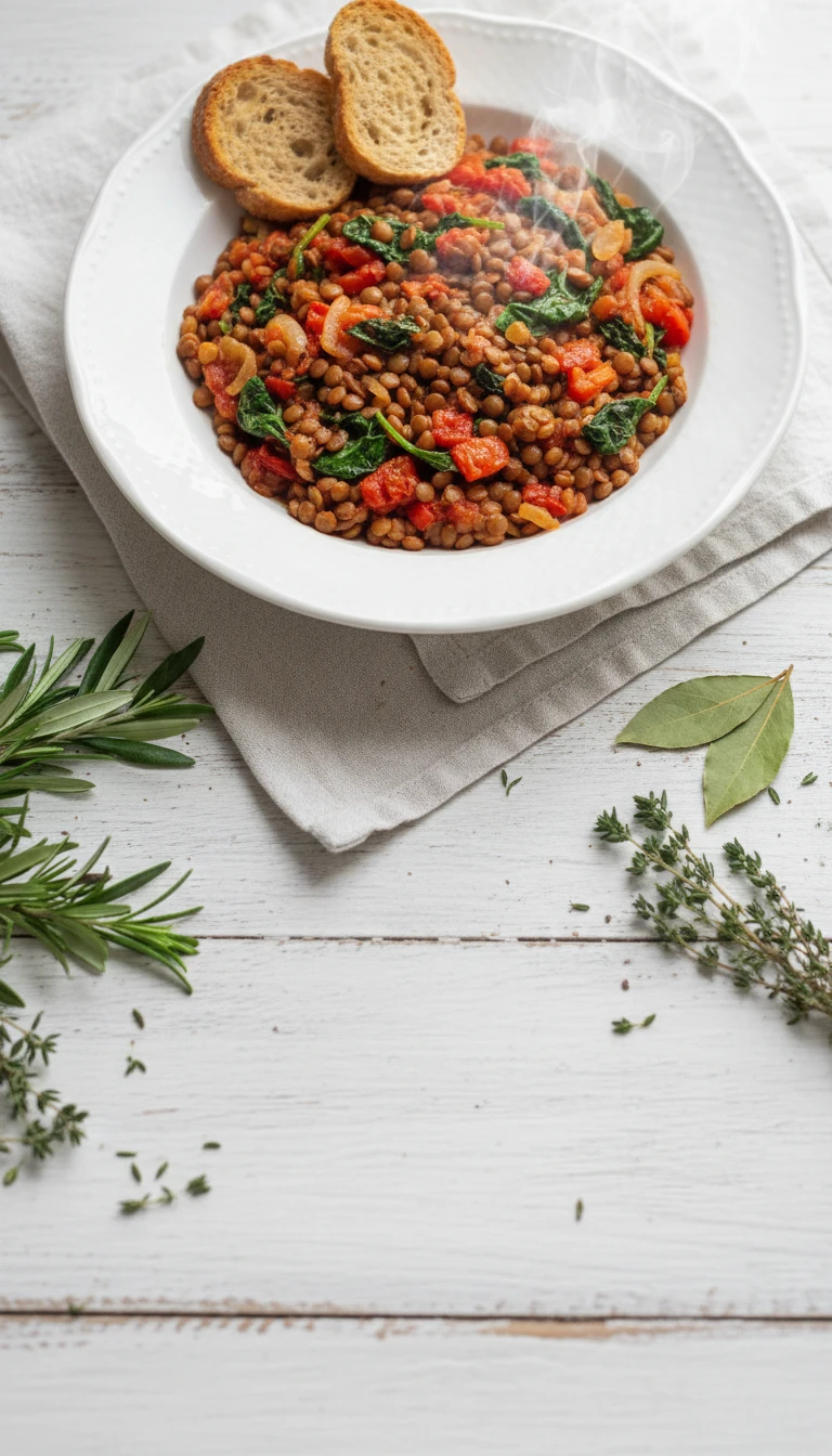 Poêlée de lentilles espagnole avec épinards, tomates et pain complet