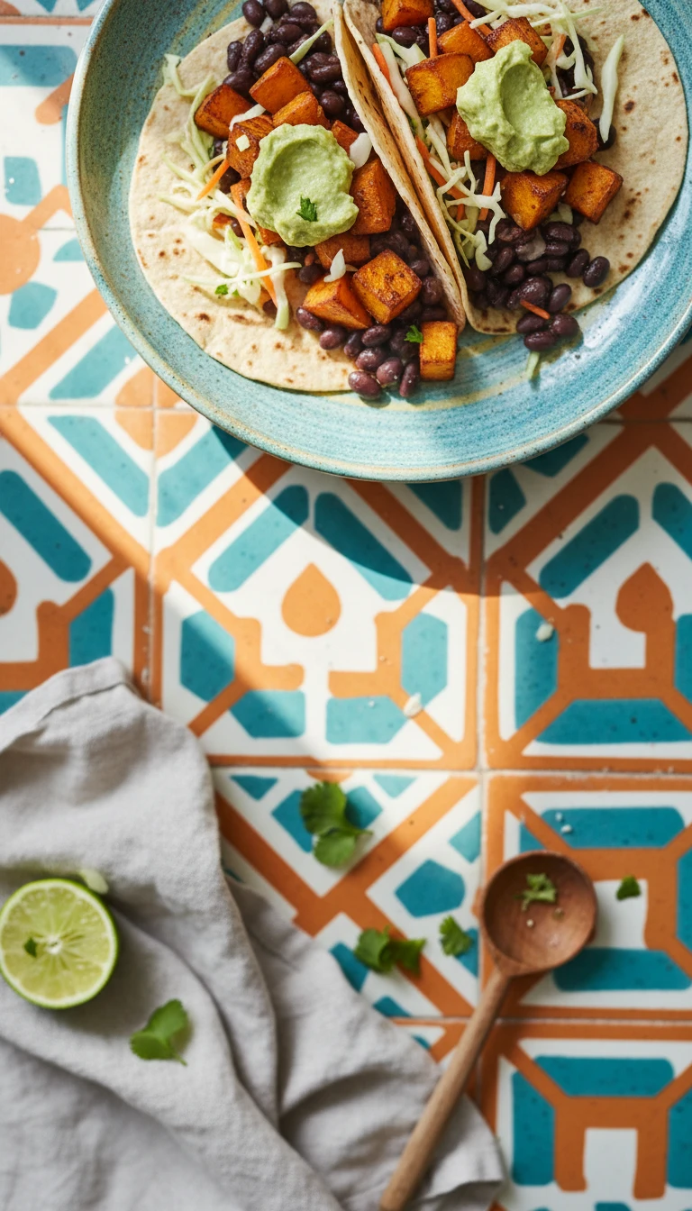 Süßkartoffel Black Bean Tacos Mit Avocado Crema