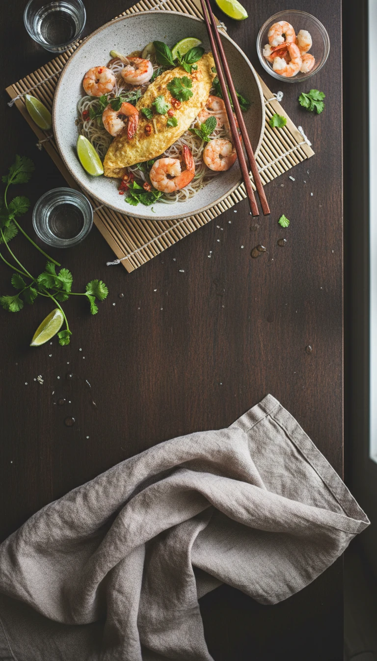 Thai Reisnudel Omelett Mit Garnelen Und Kräutern