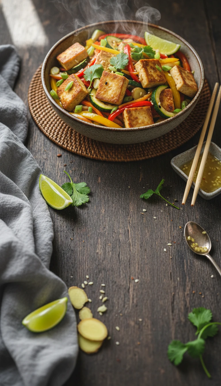Tofu-Gemüse-Wok mit Ingwer und Limette