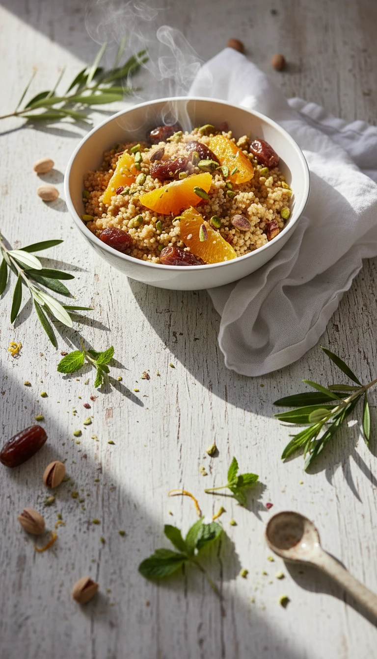 Vegan Breakfast Couscous with Orange, Dates and Pistachios
