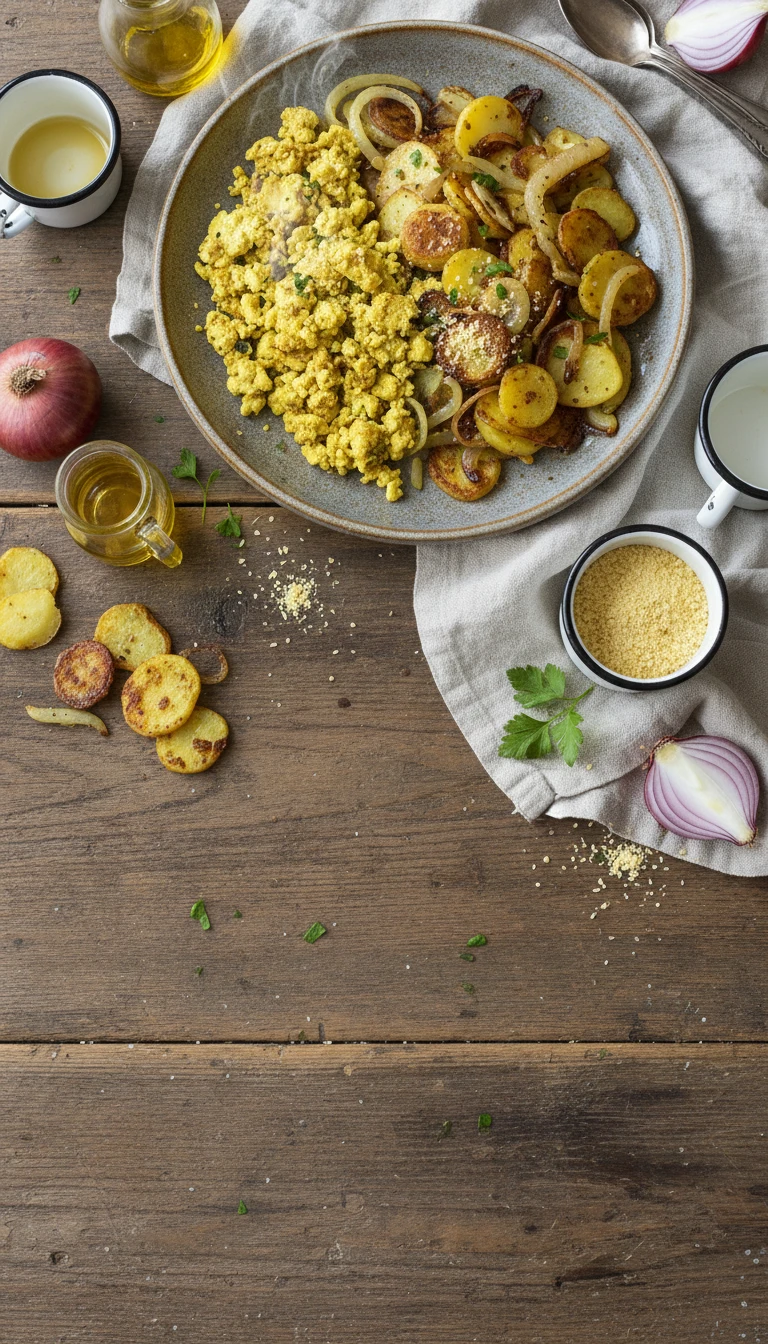 Veganer Rührtofu Mit Bratkartoffeln Und Zwiebeln