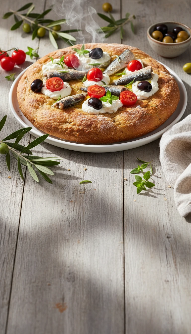 Focaccia au Blé Complet avec Sardines, Tomates et Olives