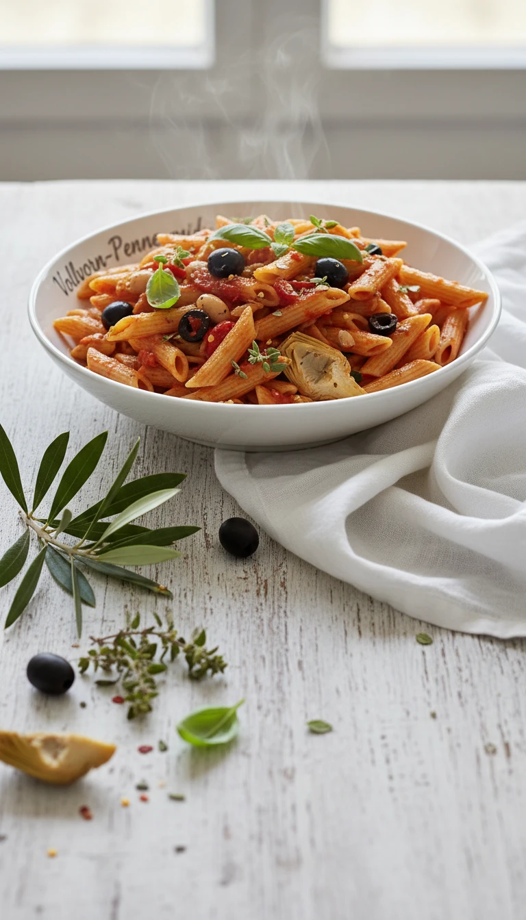 Vollkorn-Penne mit Cannellini-Bohnen, Artischocken und Tomaten-Oliven-Sauce