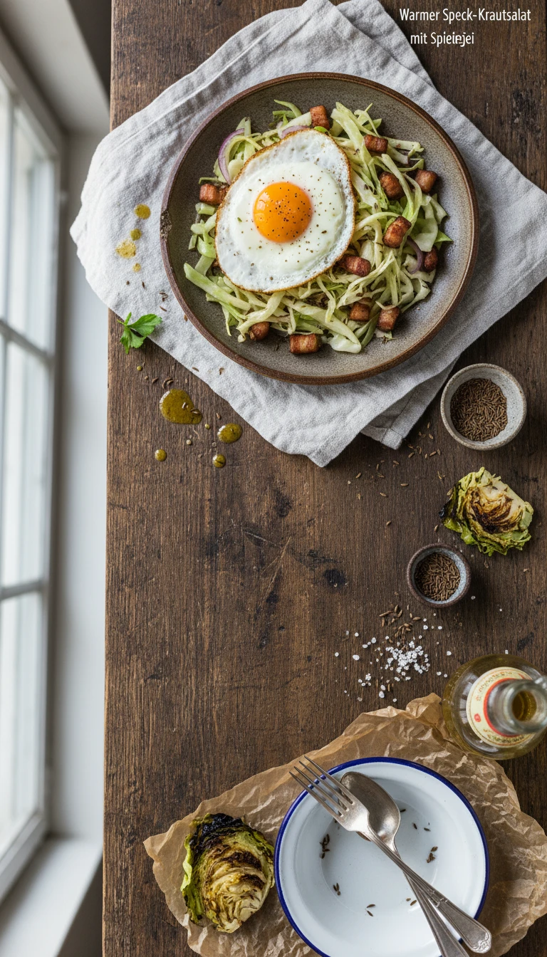 Salade de chou tiède au lard et œuf au plat