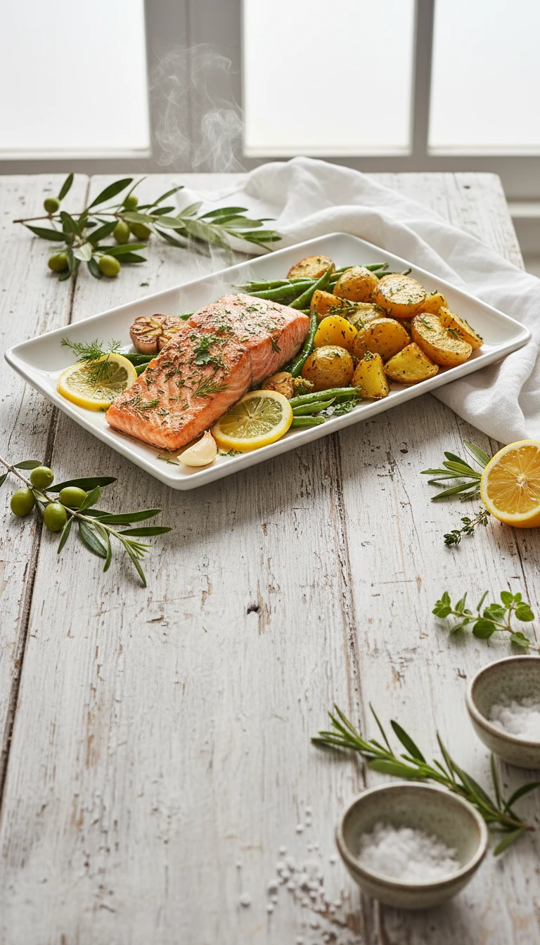 Zitronen Kräuter Lachs Mit Ofenkartoffeln Und Grünen Bohnen