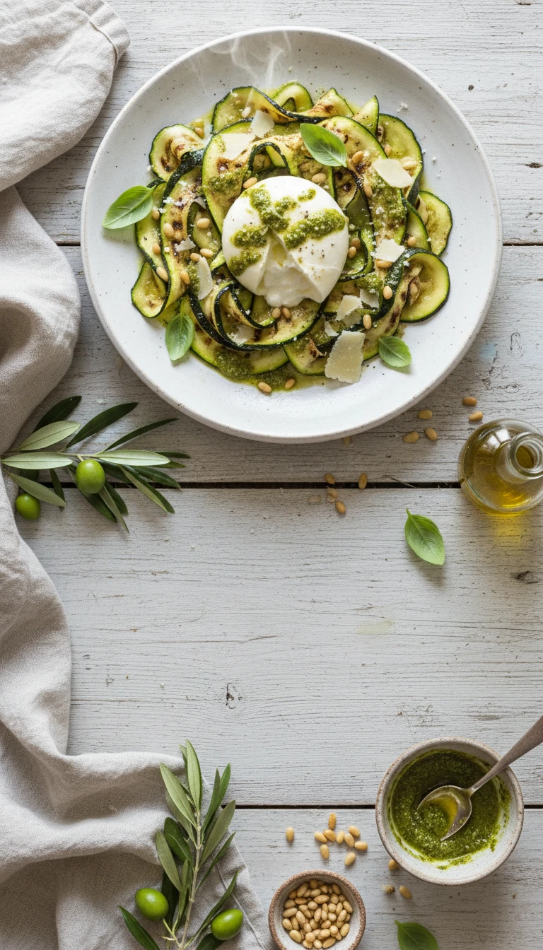 Antipasti de Courgettes avec Burrata et Pesto de Basilic