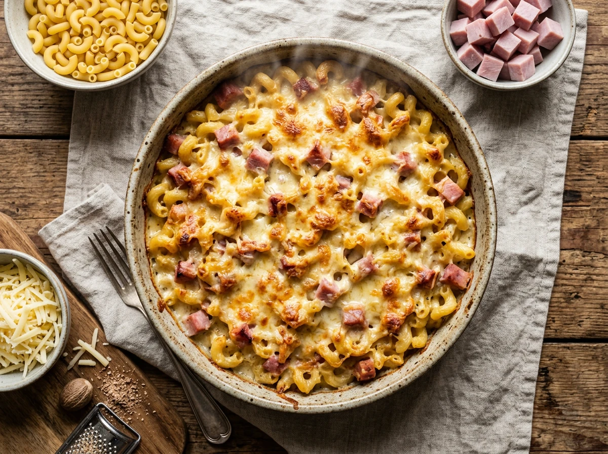 Auflauf von Macaroni, Schinken und Käse