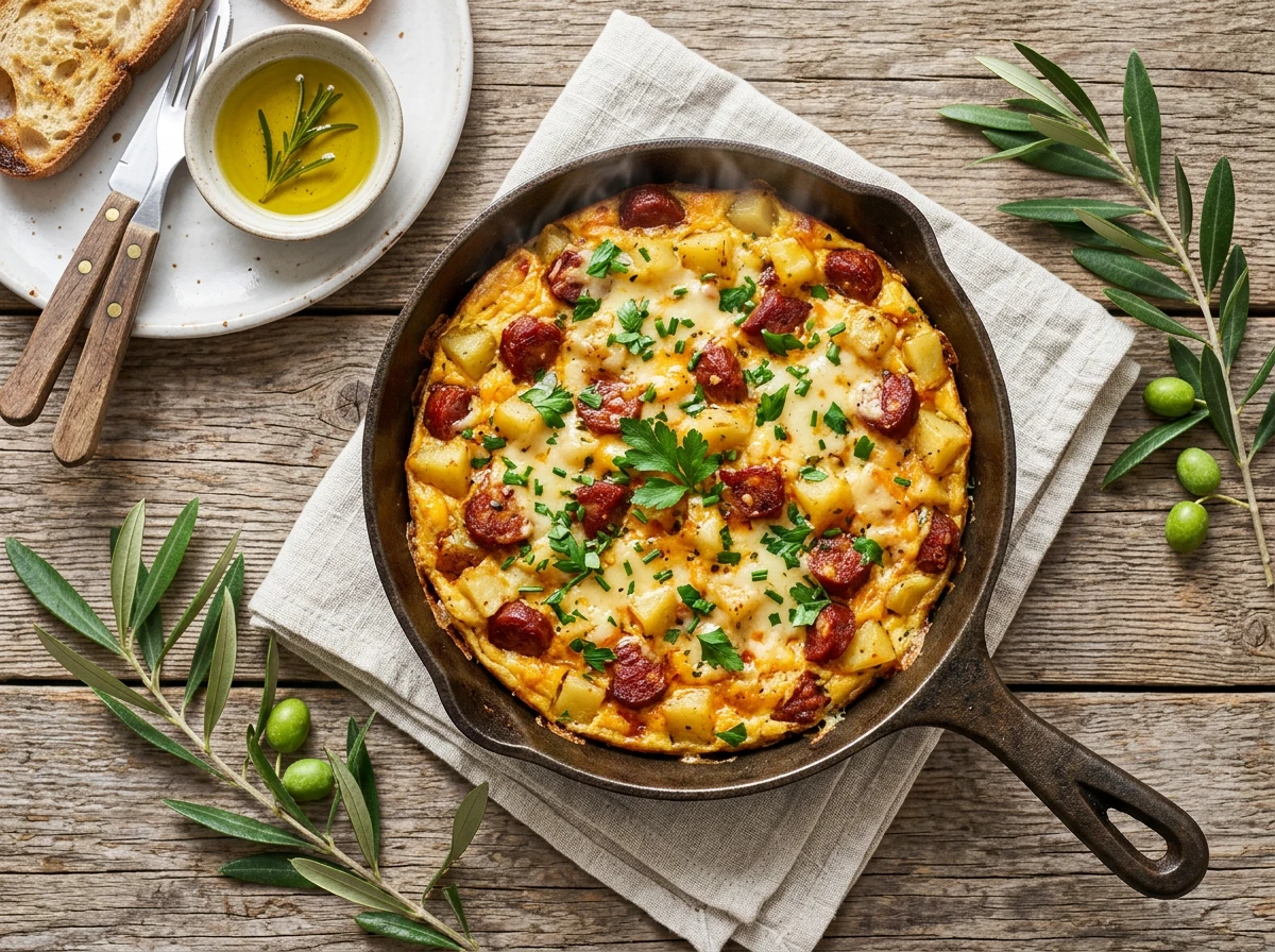 Omelette au chorizo, pommes de terre et fromage