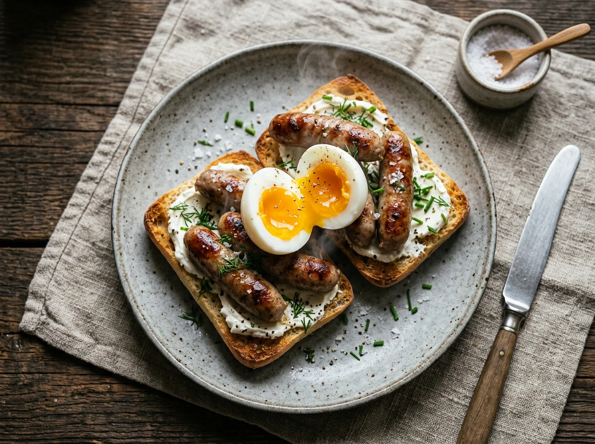 Frühstücksbrötchen mit Wurst und Ei