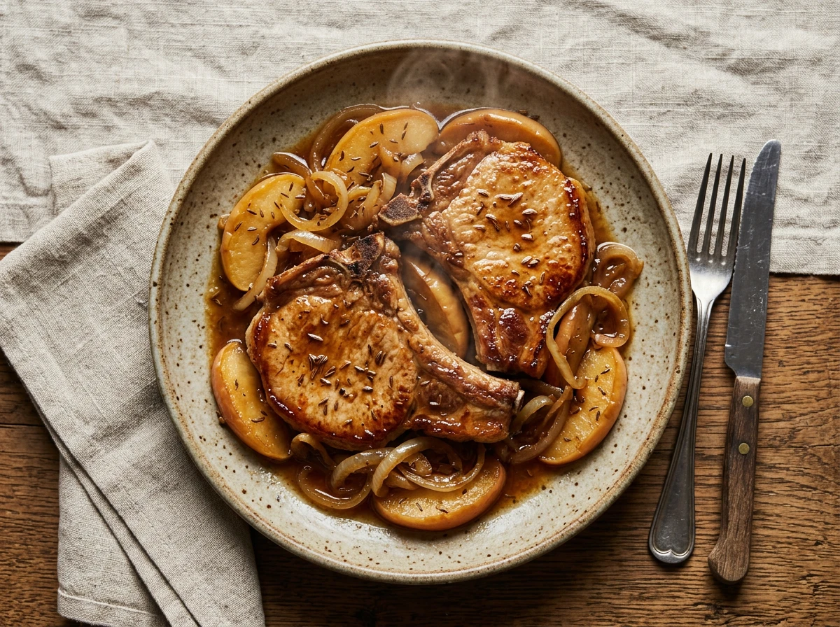 Gebackene Schweinekoteletts mit Apfel und Kümmel