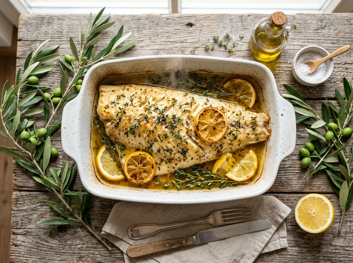 Gebackener Heilbutt mit Zitrone und Thymian