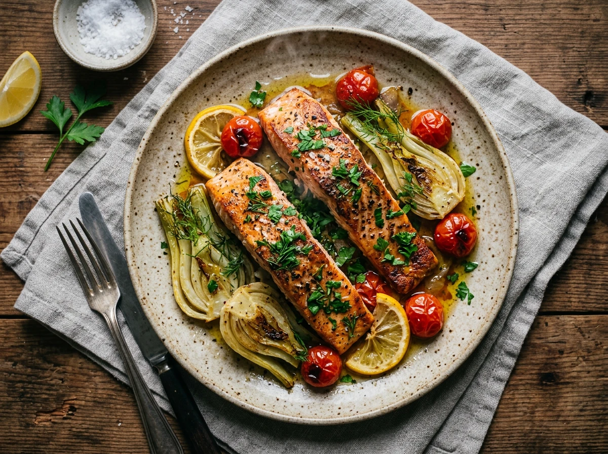 Gebackener Lachs mit Fenchel und Tomaten