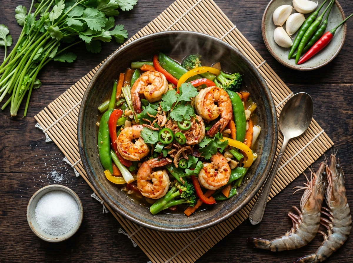 Gebratene Garnelen mit Gemüse (Thai)