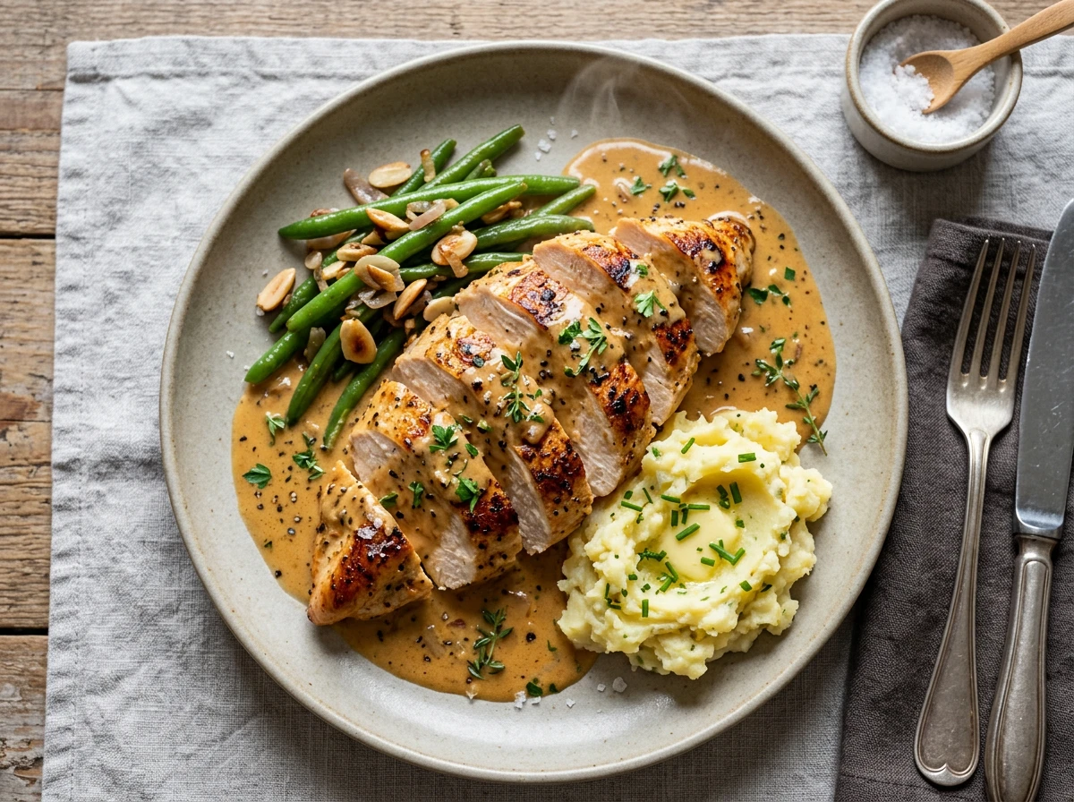 Gebratene Hähnchenbrust mit Brandy-Sahnesauce