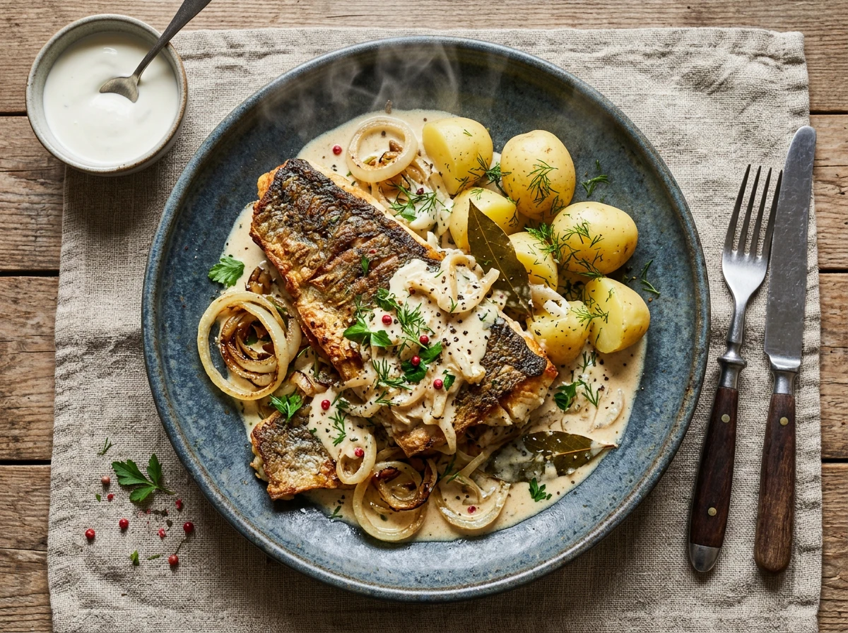 Gebratener Hecht mit saurer Sahne