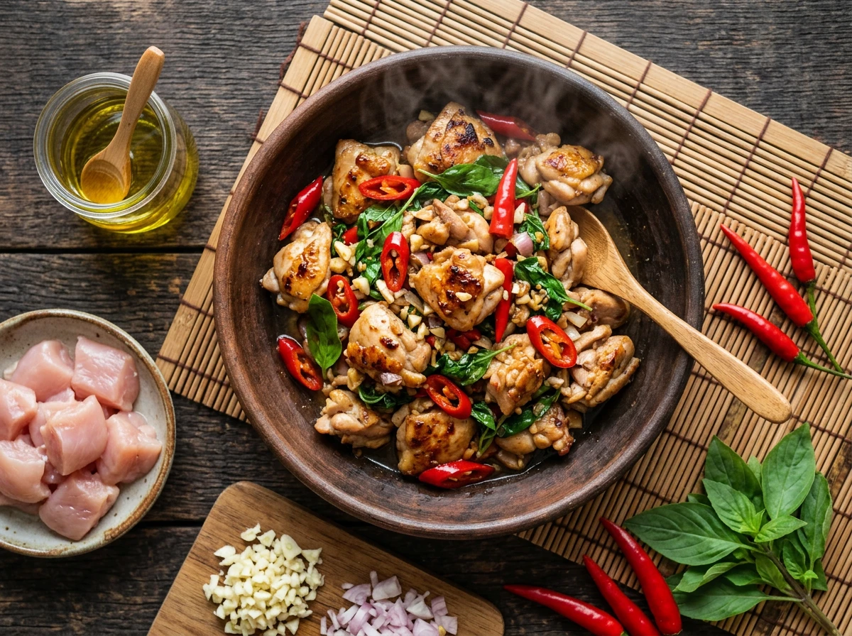 Gebratenes Hähnchen mit Chili und Basilikum