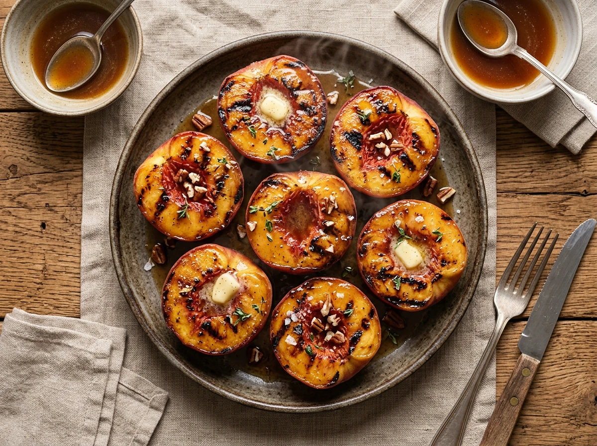 Pêches grillées à la sauce érable-vanille