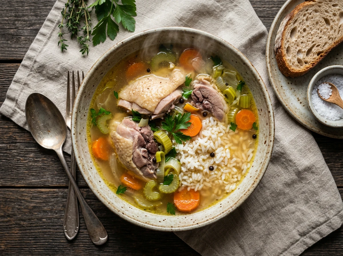 Gekochtes Huhn mit Brühe